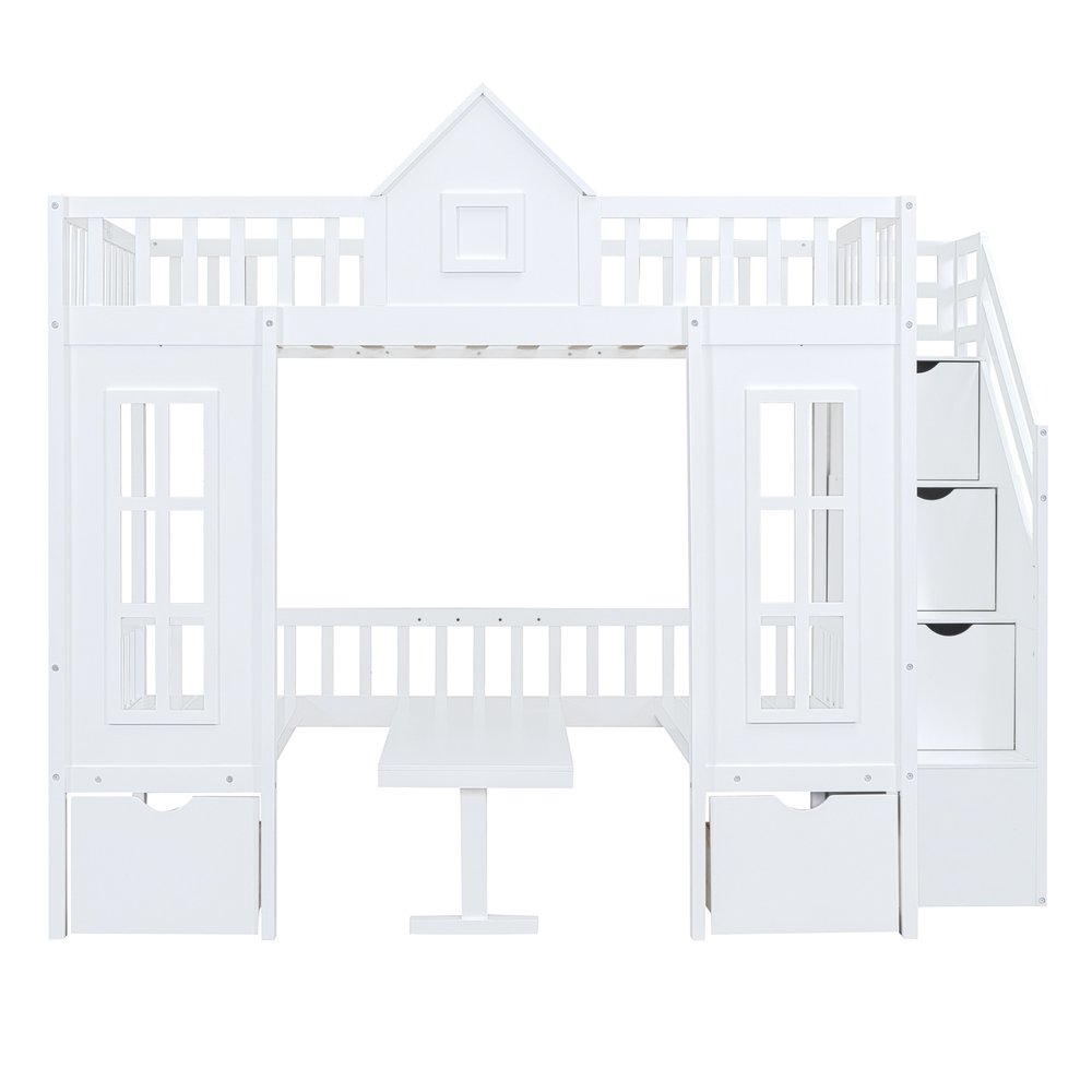 White Full Over Full Dollhouse Solid Wood Bunk Bed With Stairs And Desk And Drawers And Storage