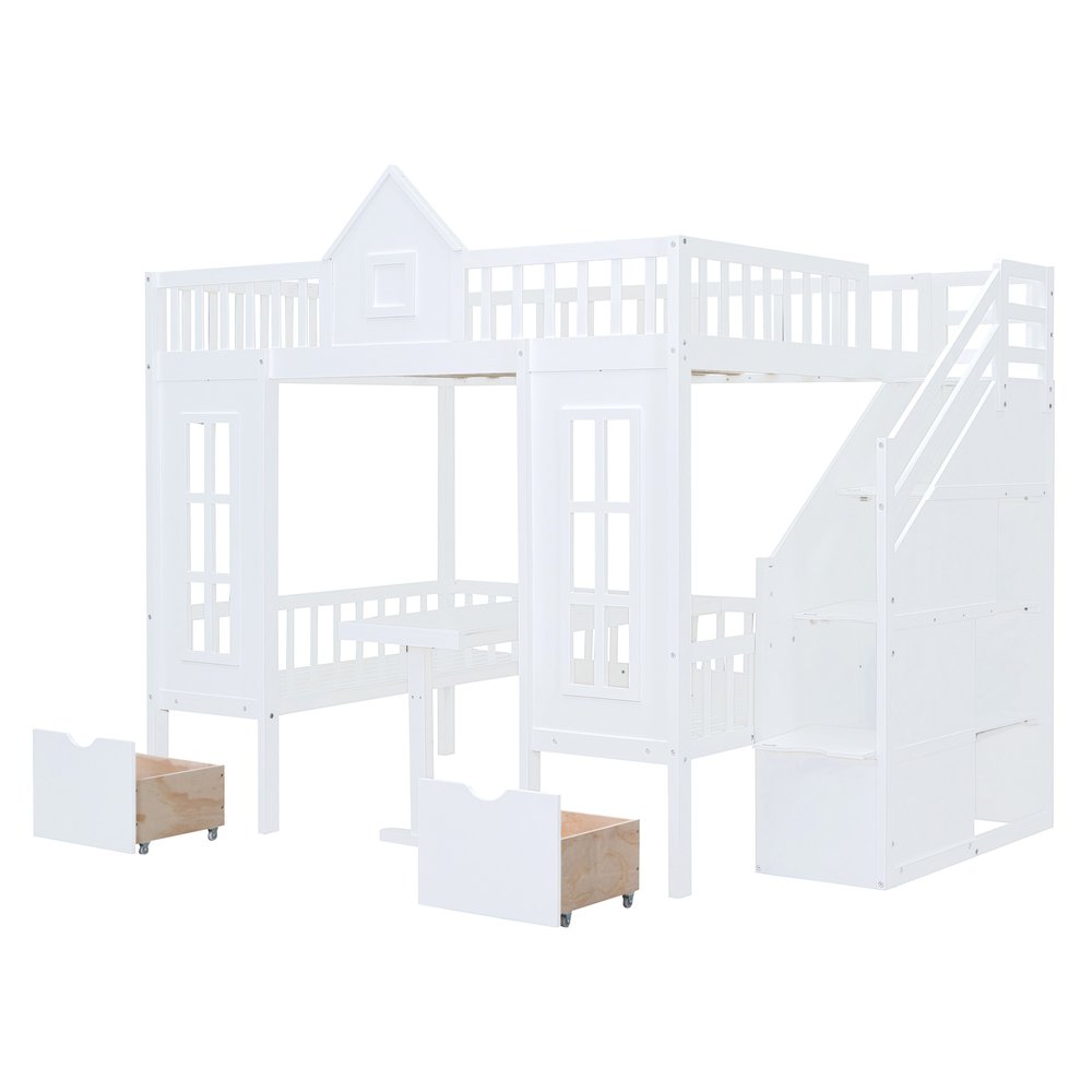 White Full Over Full Dollhouse Solid Wood Bunk Bed With Stairs And Desk And Drawers And Storage