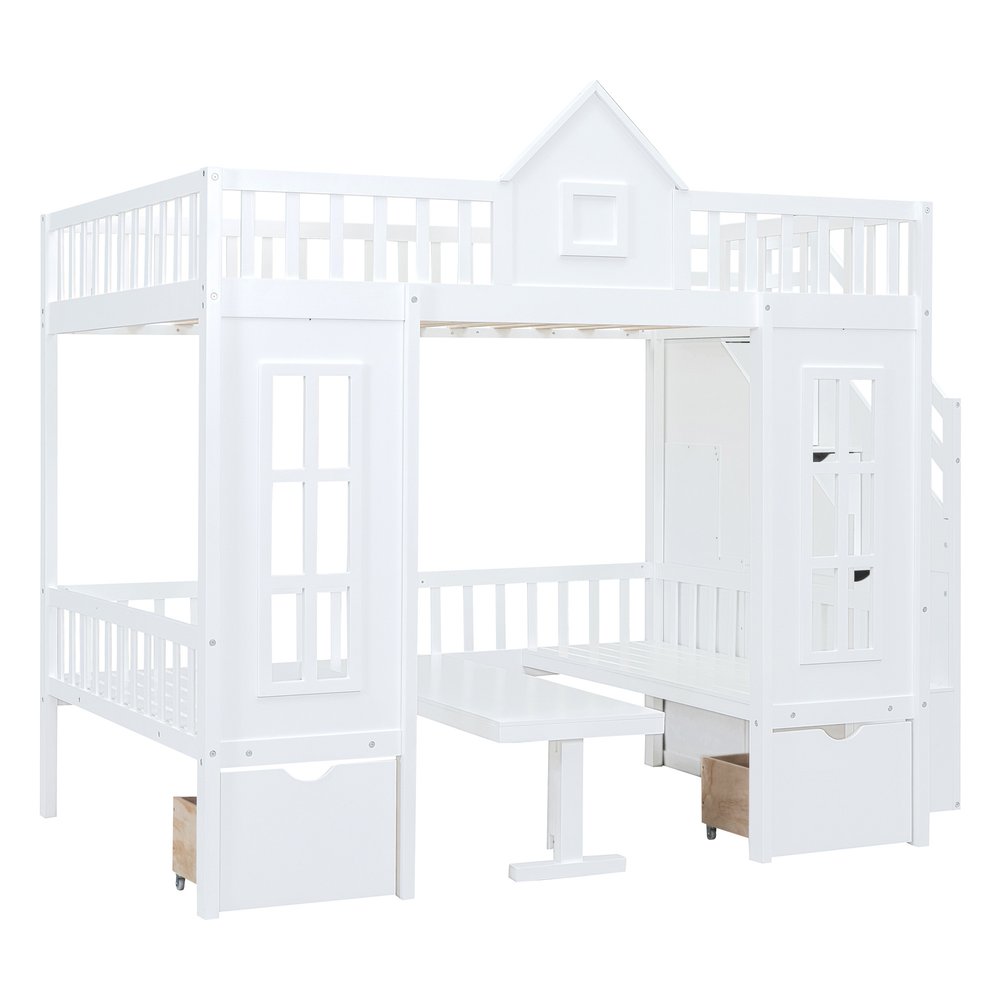 White Full Over Full Dollhouse Solid Wood Bunk Bed With Stairs And Desk And Drawers And Storage