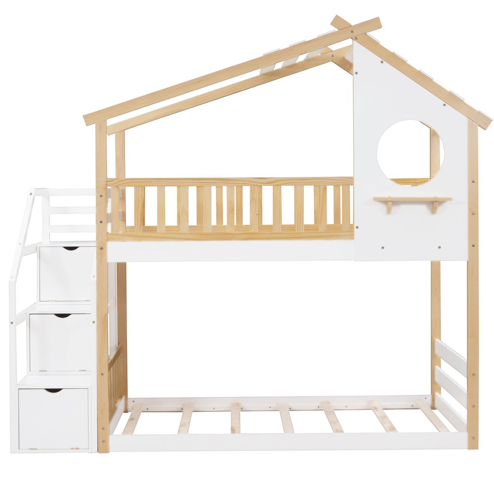 White Twin Over Twin Solid Wood Bunk Bed With Stairs And Storage