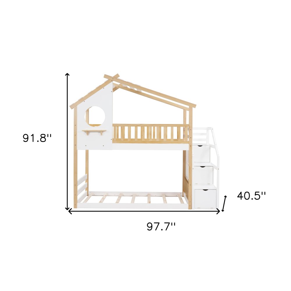 White Twin Over Twin Solid Wood Bunk Bed With Stairs And Storage