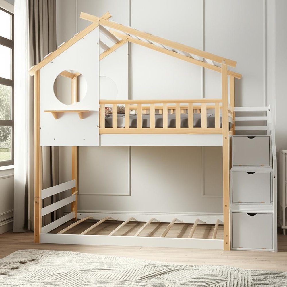 White Twin Over Twin Solid Wood Bunk Bed With Stairs And Storage