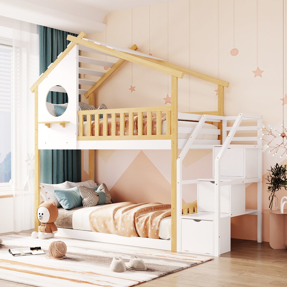 White Twin Over Twin Solid Wood Bunk Bed With Stairs And Storage