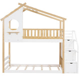 White Twin Over Twin Solid Wood Bunk Bed With Stairs And Storage
