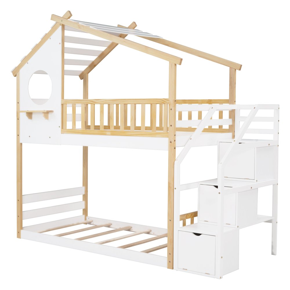 White Twin Over Twin Solid Wood Bunk Bed With Stairs And Storage