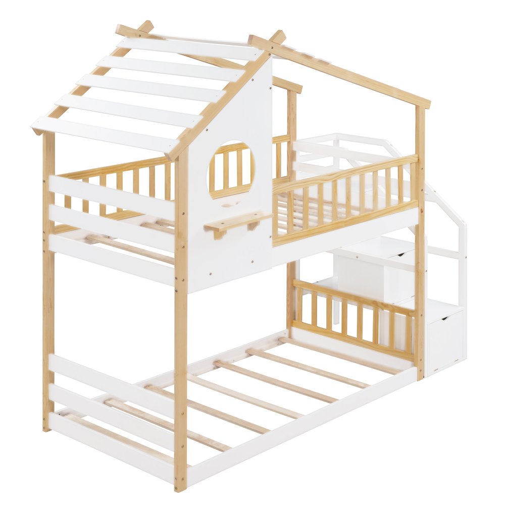 White Twin Over Twin Solid Wood Bunk Bed With Stairs And Storage