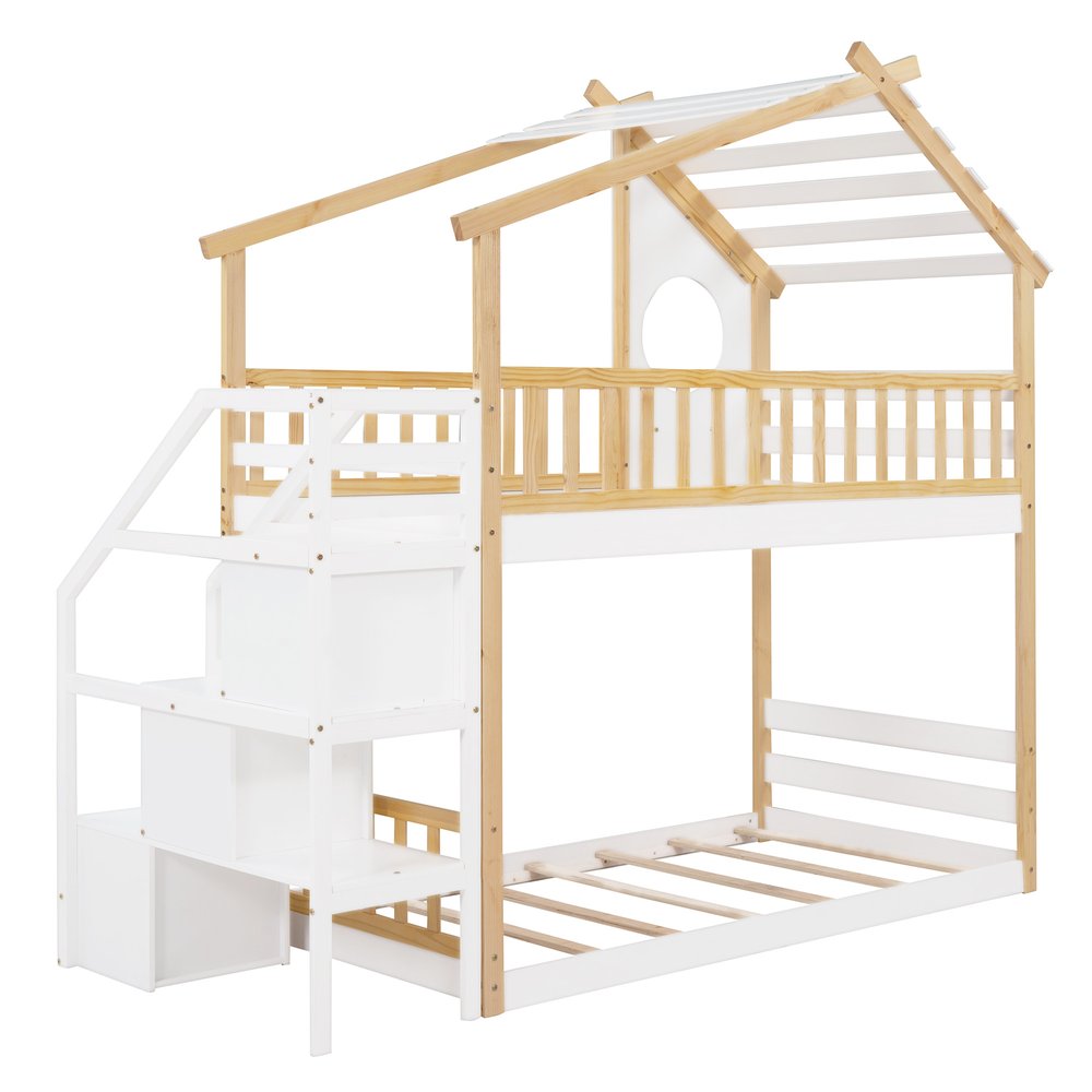 White Twin Over Twin Solid Wood Bunk Bed With Stairs And Storage