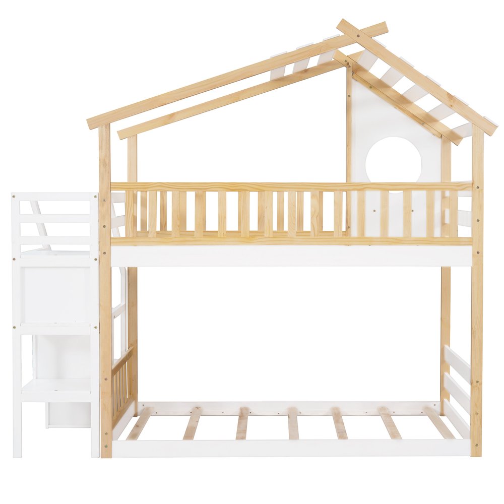 White Twin Over Twin Solid Wood Bunk Bed With Stairs And Storage