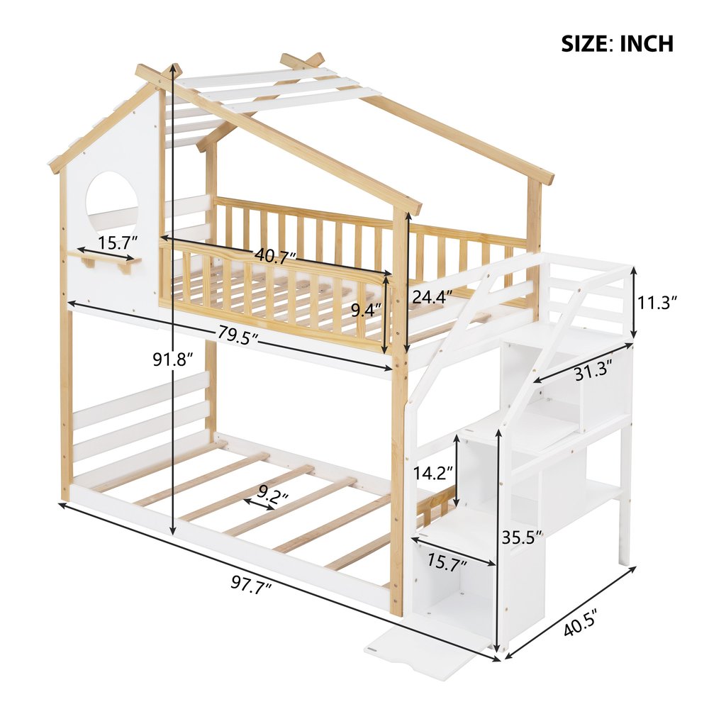 White Twin Over Twin Solid Wood Bunk Bed With Stairs And Storage