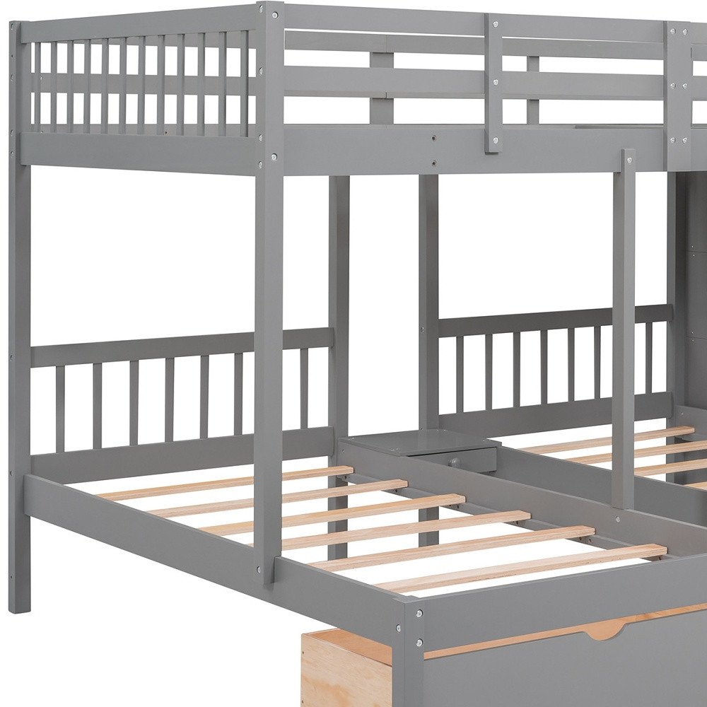 Gray Full Over Two Twins Solid Wood Bunk Bed With Stairs Drawers And Storage