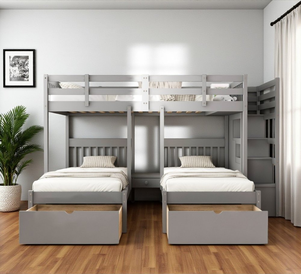 Gray Full Over Two Twins Solid Wood Bunk Bed With Stairs Drawers And Storage
