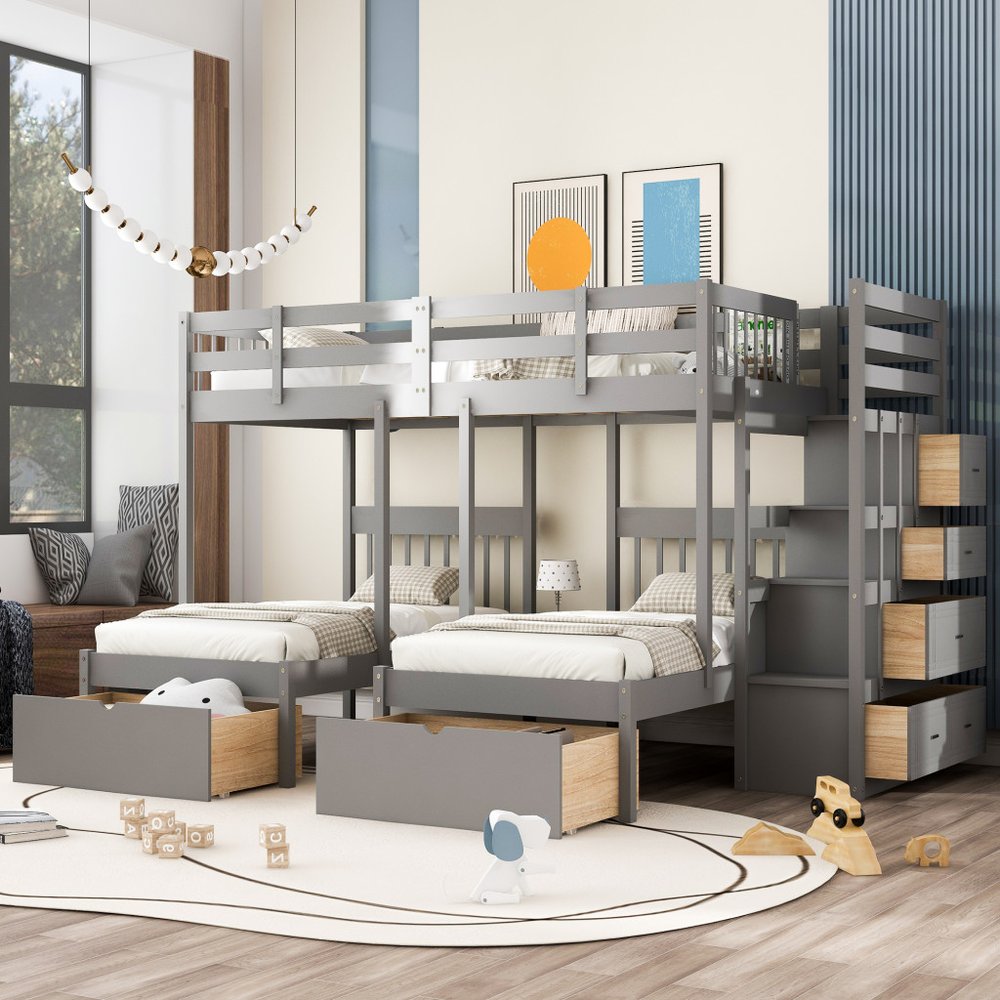 Gray Full Over Two Twins Solid Wood Bunk Bed With Stairs Drawers And Storage