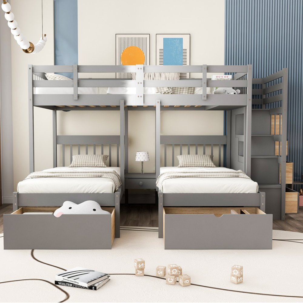 Gray Full Over Two Twins Solid Wood Bunk Bed With Stairs Drawers And Storage