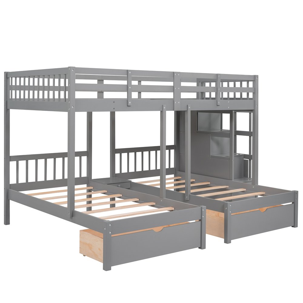 Gray Full Over Two Twins Solid Wood Bunk Bed With Stairs Drawers And Storage