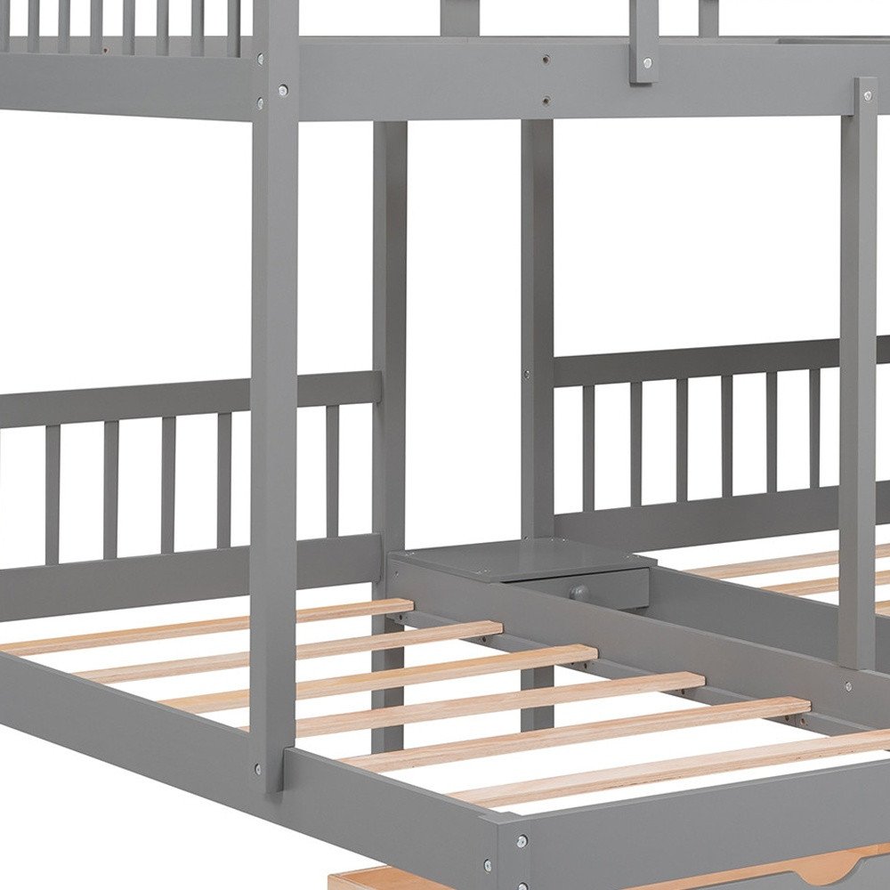 Gray Full Over Two Twins Solid Wood Bunk Bed With Stairs Drawers And Storage