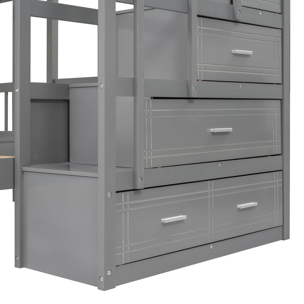 Gray Full Over Two Twins Solid Wood Bunk Bed With Stairs Drawers And Storage