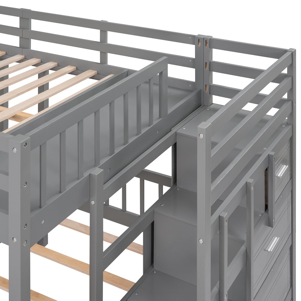 Gray Full Over Two Twins Solid Wood Bunk Bed With Stairs Drawers And Storage