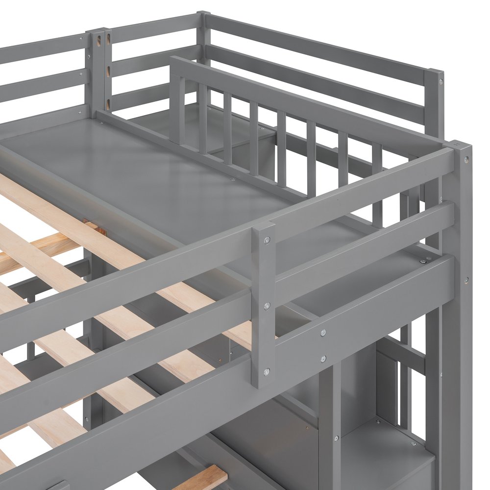 Gray Full Over Two Twins Solid Wood Bunk Bed With Stairs Drawers And Storage