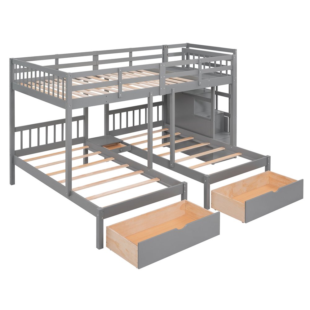 Gray Full Over Two Twins Solid Wood Bunk Bed With Stairs Drawers And Storage