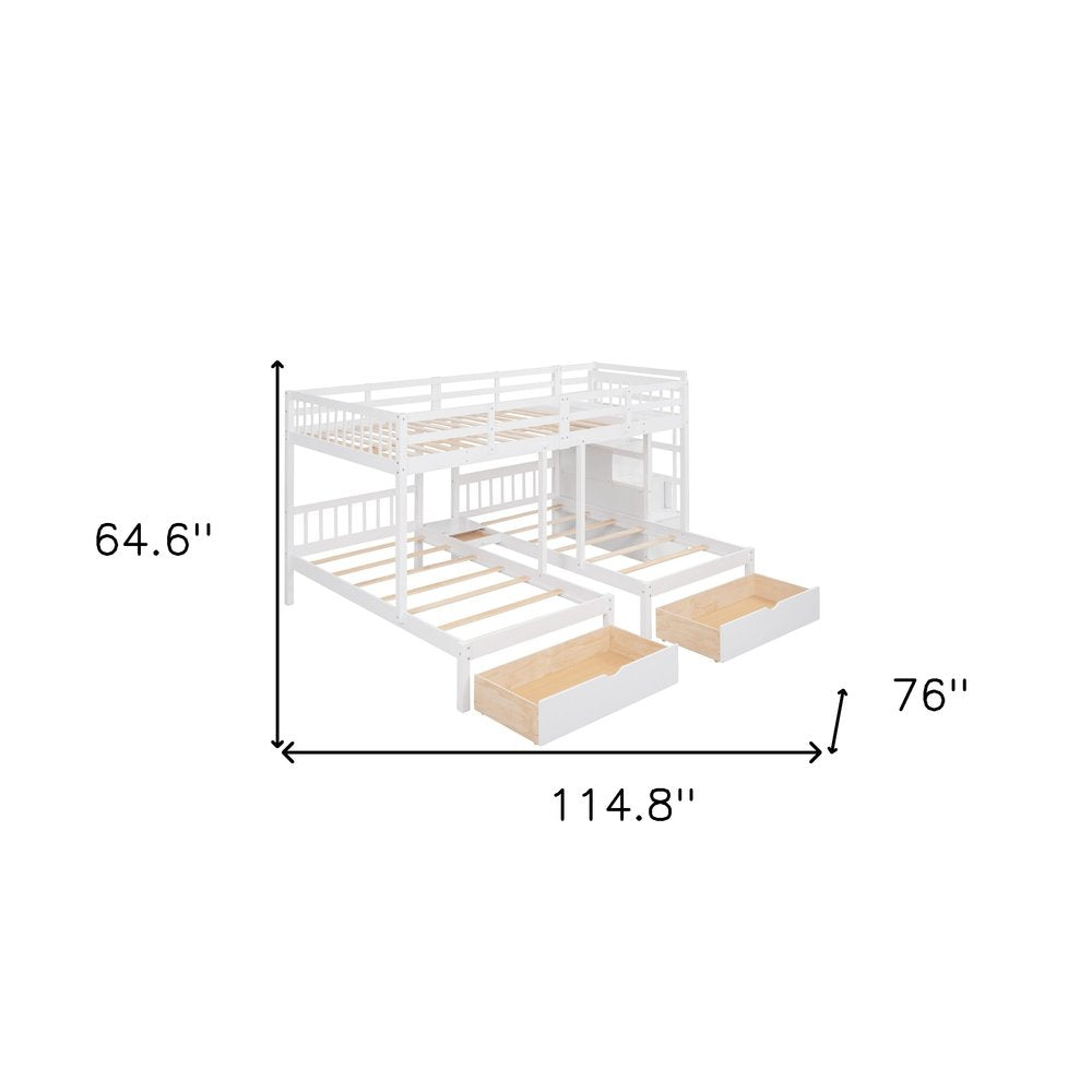 White Full Over Two Twins Solid Wood Bunk Bed With Stairs And Drawers And Storage