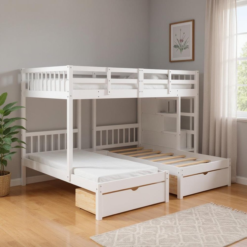White Full Over Two Twins Solid Wood Bunk Bed With Stairs And Drawers And Storage