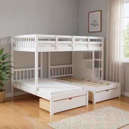 White Full Over Two Twins Solid Wood Bunk Bed With Stairs And Drawers And Storage