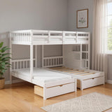 White Full Over Two Twins Solid Wood Bunk Bed With Stairs And Drawers And Storage