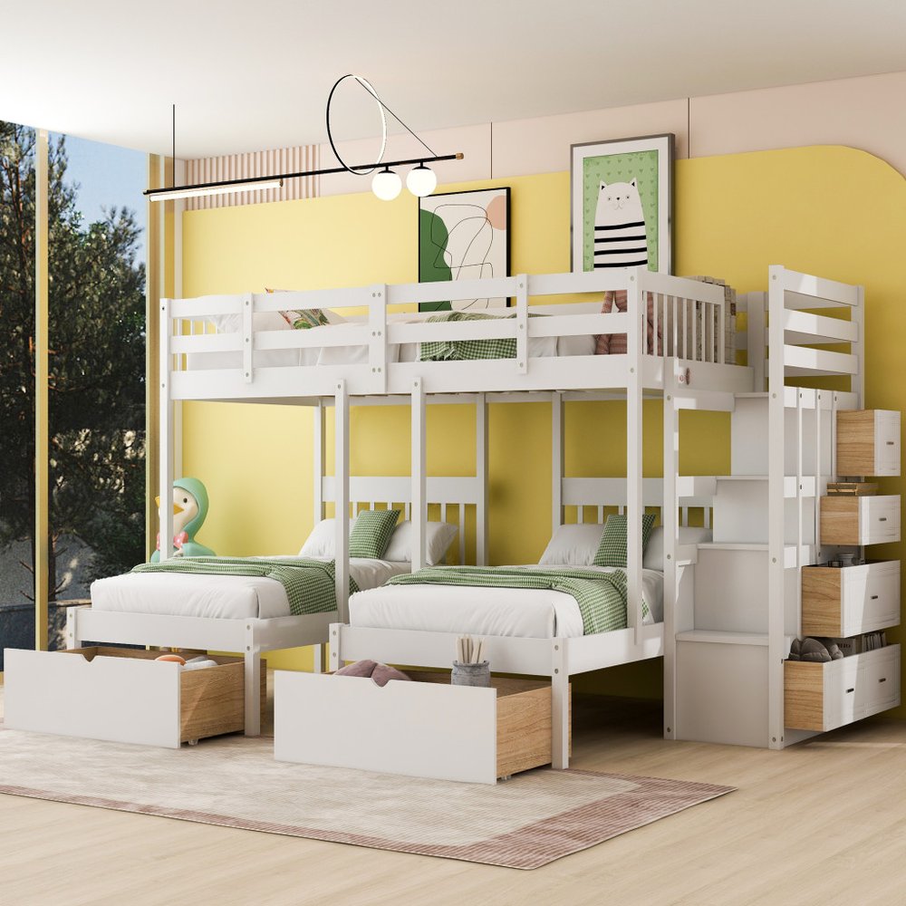 White Full Over Two Twins Solid Wood Bunk Bed With Stairs And Drawers And Storage