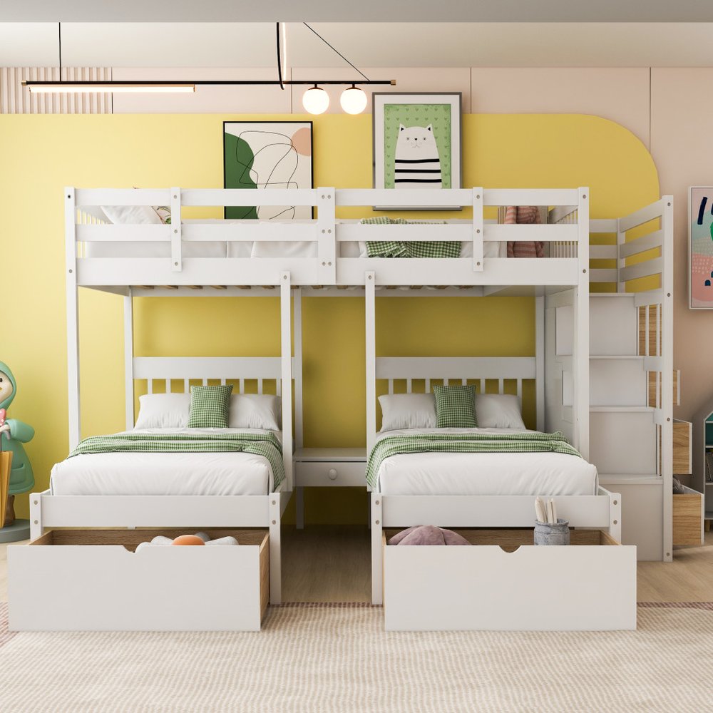 White Full Over Two Twins Solid Wood Bunk Bed With Stairs And Drawers And Storage