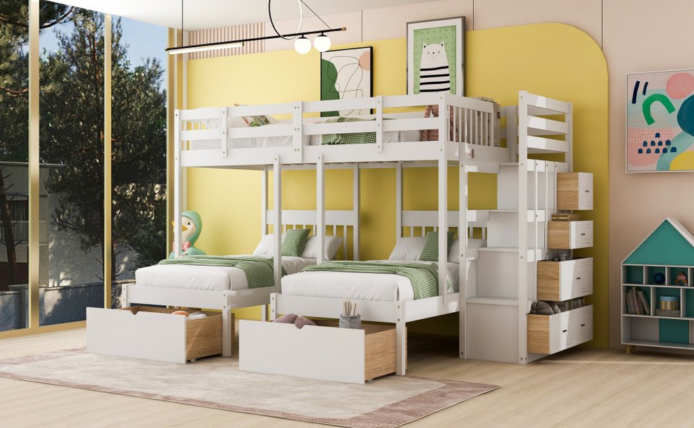 White Full Over Two Twins Solid Wood Bunk Bed With Stairs And Drawers And Storage