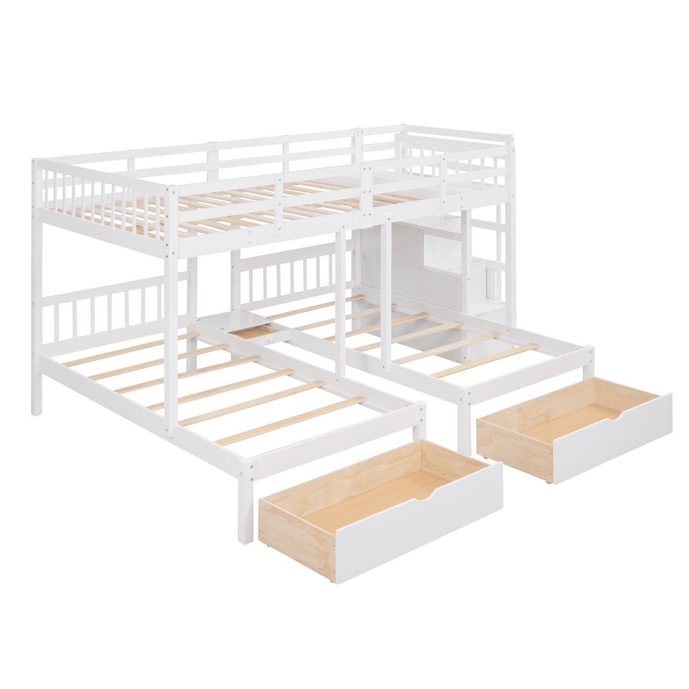 White Full Over Two Twins Solid Wood Bunk Bed With Stairs And Drawers And Storage