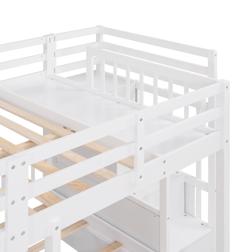 White Full Over Two Twins Solid Wood Bunk Bed With Stairs And Drawers And Storage