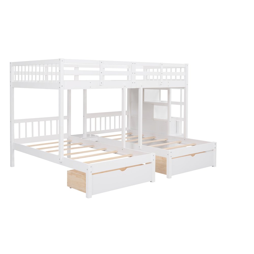 White Full Over Two Twins Solid Wood Bunk Bed With Stairs And Drawers And Storage