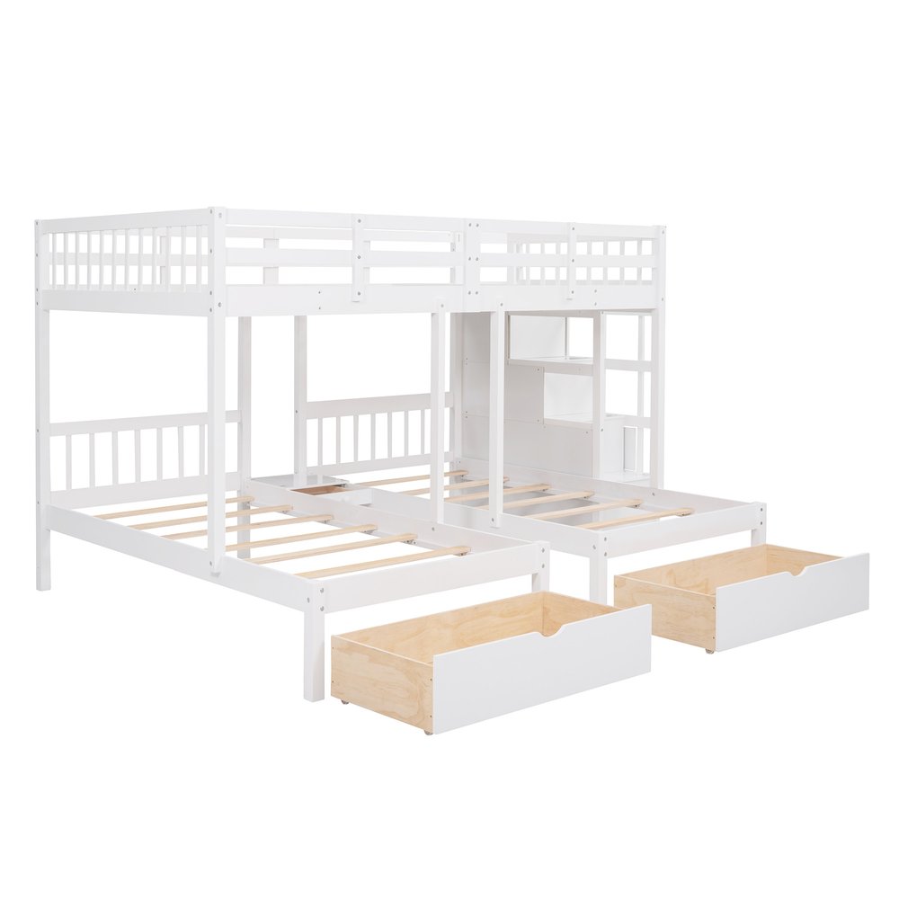 White Full Over Two Twins Solid Wood Bunk Bed With Stairs And Drawers And Storage