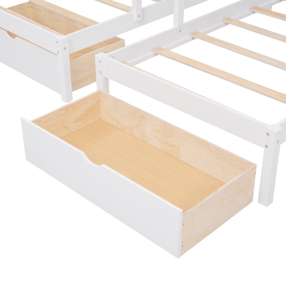 White Full Over Two Twins Solid Wood Bunk Bed With Stairs And Drawers And Storage