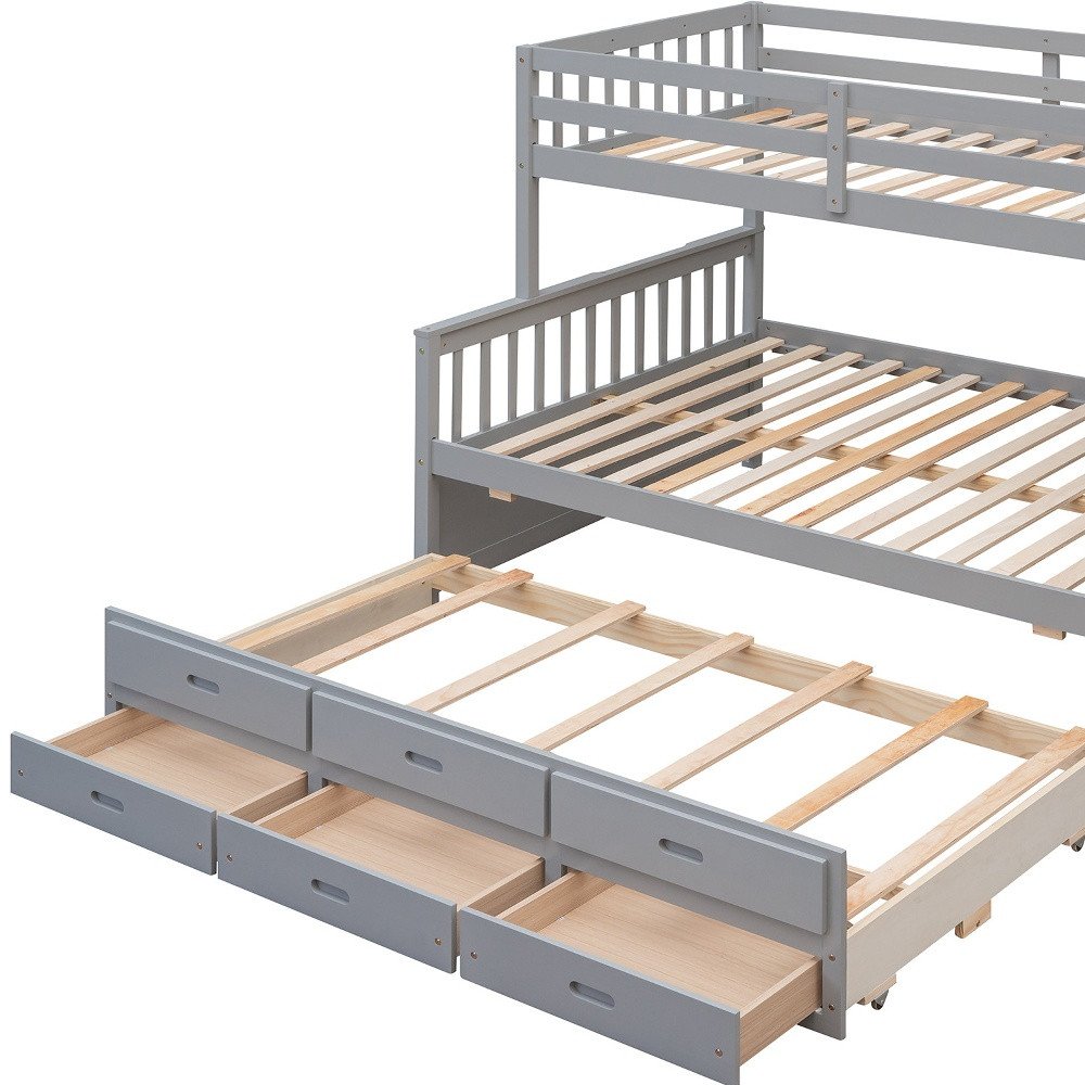 Gray Twin Over Full Solid Wood Bunk Bed With Drawers And Trundle And Storage