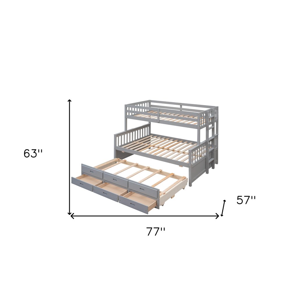 Gray Twin Over Full Solid Wood Bunk Bed With Drawers And Trundle And Storage