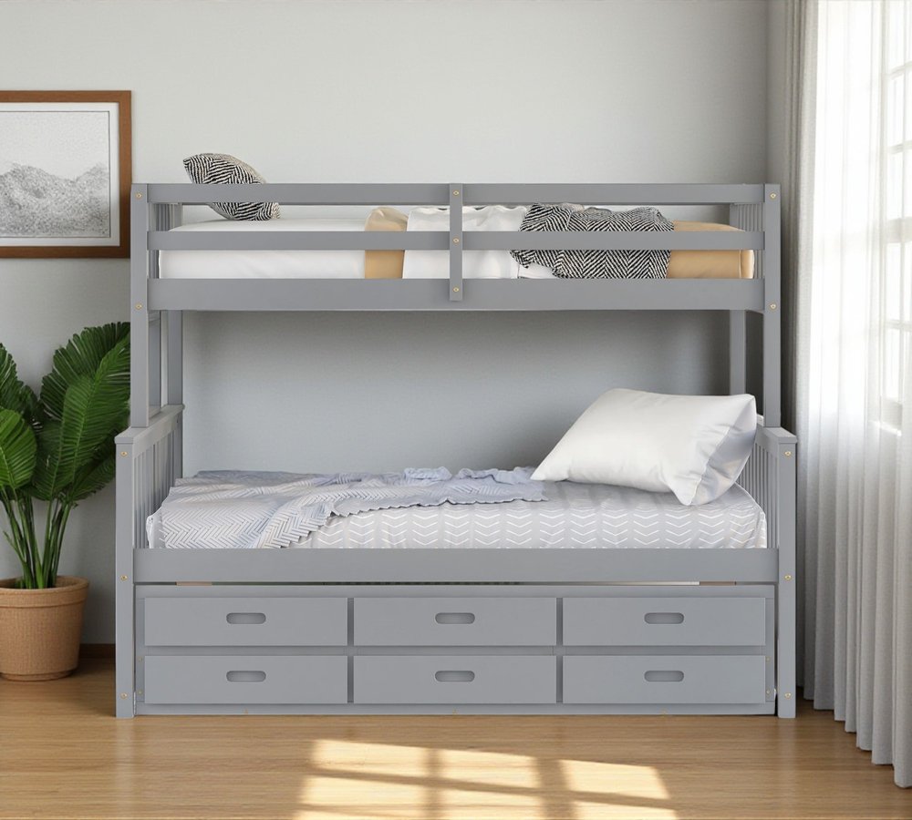 Gray Twin Over Full Solid Wood Bunk Bed With Drawers And Trundle And Storage