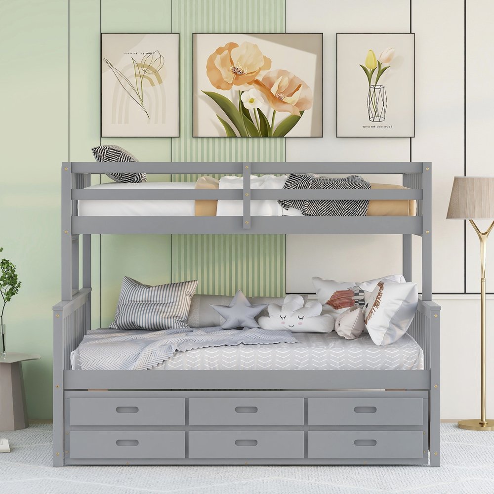 Gray Twin Over Full Solid Wood Bunk Bed With Drawers And Trundle And Storage