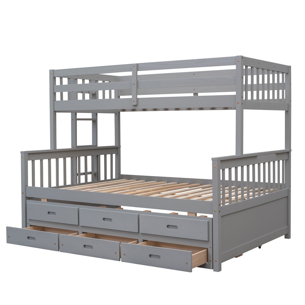 Gray Twin Over Full Solid Wood Bunk Bed With Drawers And Trundle And Storage