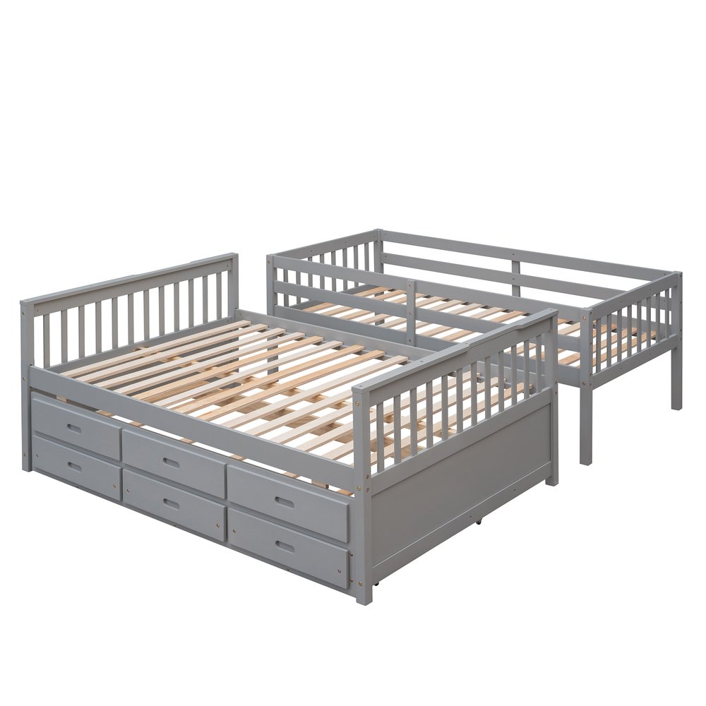 Gray Twin Over Full Solid Wood Bunk Bed With Drawers And Trundle And Storage