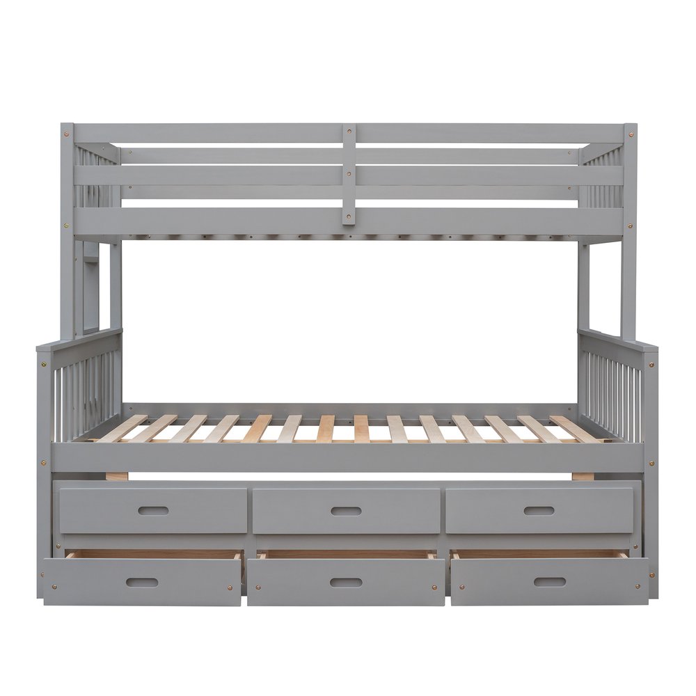 Gray Twin Over Full Solid Wood Bunk Bed With Drawers And Trundle And Storage