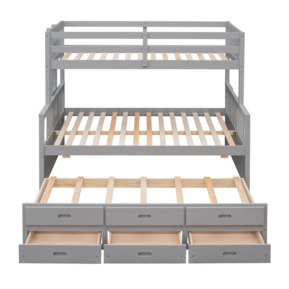 Gray Twin Over Full Solid Wood Bunk Bed With Drawers And Trundle And Storage