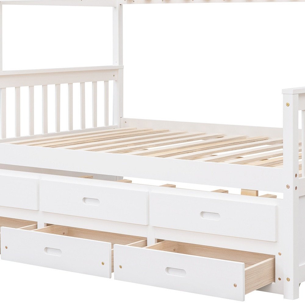 White Twin Over Full Solid Wood Bunk Bed With Drawers And Trundle And Storage