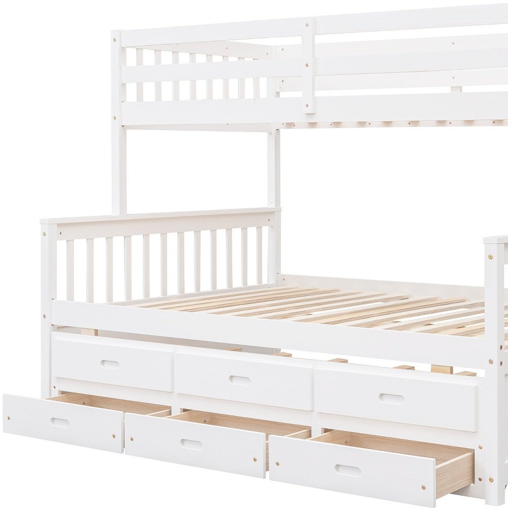 White Twin Over Full Solid Wood Bunk Bed With Drawers And Trundle And Storage