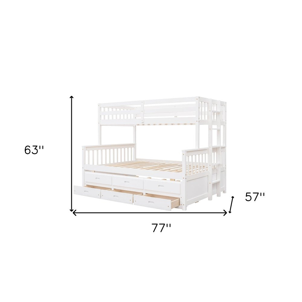 White Twin Over Full Solid Wood Bunk Bed With Drawers And Trundle And Storage