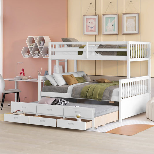 White Twin Over Full Solid Wood Bunk Bed With Drawers And Trundle And Storage