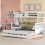 White Twin Over Full Solid Wood Bunk Bed With Drawers And Trundle And Storage