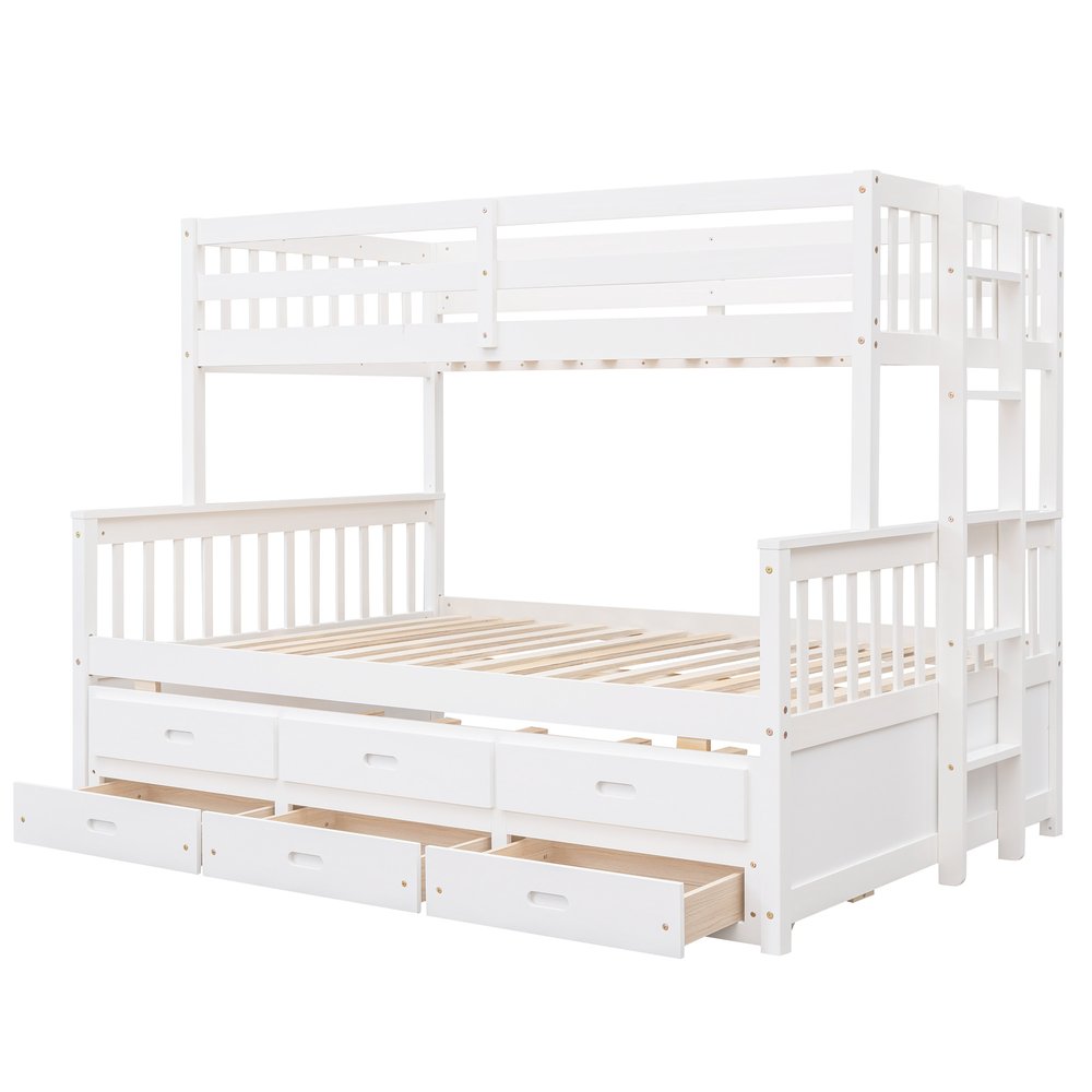 White Twin Over Full Solid Wood Bunk Bed With Drawers And Trundle And Storage