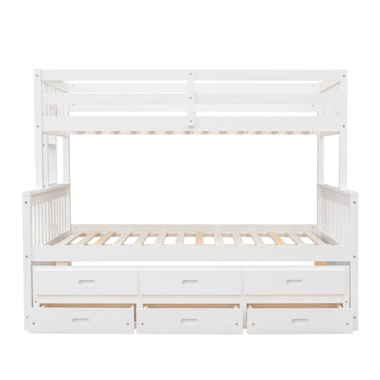 White Twin Over Full Solid Wood Bunk Bed With Drawers And Trundle And Storage